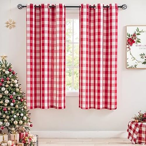 Jubilantex Red White Buffalo Check Semi Sheer Curtain Panels Gingham Plaid Textured Curtains Drapery,Farmhouse Grommet Window Drapes for Small Window,2 Panels,40"x54"