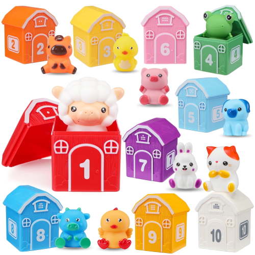 Montessori Toys for Toddlers, 20Pcs Farm Animal Toy Counting, Matching, Sorting Preschool Learning Toy Barn Toy including 10 Barns,10 Finger Puppets and 2 DIY Stickers