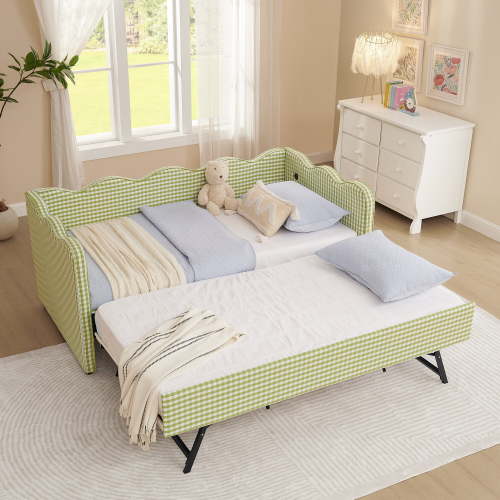 Bed Frame Cozy Gingham Daybed with Trundle Twin Size Sofa Bed No Box Spring Needed, with USB Port and Adorable Wave Shaped, Linen Fabric, Green,Platform Bed Frame