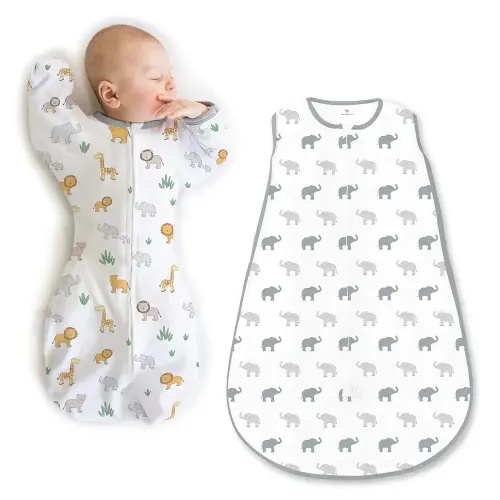 Amazing Baby Sleep Sack Set, On Safari and Sterling Elephants, 0-3 Mo Transitional Swaddle Sack with Arms Up Half-Length Sleeves & Mitten Cuffs and 0-6 Mo Soft Cotton Knit Sleep Sack with 2-way Zipper