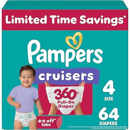 Pampers Diapers - Cruisers 360 - Size 4, 64 Count, Babyproof up to 100% Leakproof Pull-On Diaper