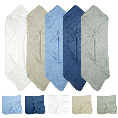 10 Pcs Baby Muslin Hooded Bath Towels and Washcloths, 32 x 32 Inch Absorbent Hooded Blankets Muslin Cotton Hooded Baby Towels for Gift Infant Newborn Shower (5 Colors)