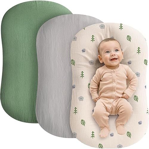 Muslin Baby Lounger Cover - 3 Pack Organic Cotton Baby Pillow Lounger Cover for Newborn - Soft and Breathable Infant Pillow Lounger Cover - Covers Only