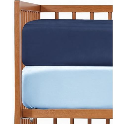 Baby Crib Sheets for Boys & Girls - Pack of 2 Fitted Microfiber Crib Sheets for Standard Crib & Toddler Mattress - Breathable & Wrinkle Free - Machine Washable, Oeko Tex - 52x28x8in - Navy Baby Blue
