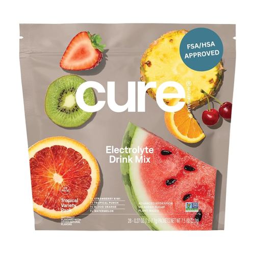 Cure Hydration | Plant-Based Electrolyte Drink Mix | No Added Sugar | Dehydration Relief Powder Made with Coconut Water | Non-GMO | Vegan | 28 Packets - Tropical Variety Pack
