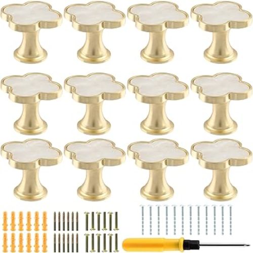 12 Pack Clover Cabinet Knobs Zinc Alloy Single Hole Pulls,Four-Leaf Clover Drawer Handles for Dresser,Wardrobe,Vanity(12pcs,White)