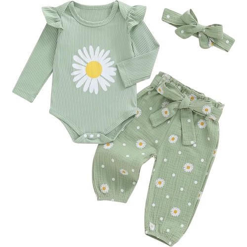 Kaipiclos Newborn Infant Girl Clothes Rib Knit Romper Daisy Print Pants Headband Baby Clothes for Girls 0 3 6 12 18 24 Months