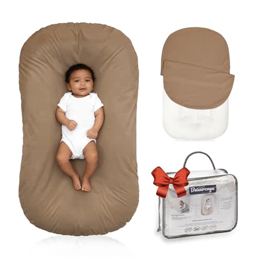 Beisurznga Baby Lounger for Newborn - Snuggle Cozy Me Lounger | Breathable Soft Cotton, 0-24 Months Portable Playtime Baby Nest, Newborn Baby Essentials Gifts- Brown (1 Lounger + 1 Cover)