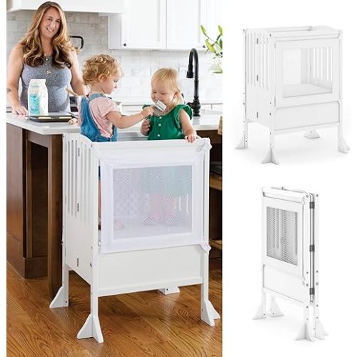Guidecraft Contemporary Double Kitchen Helper® Stool - White: Extra-Wide Foldable Safety Tower for Two Toddlers; Adjustable Height, Wooden Counter Step Stool | Little Kids Learning Furniture