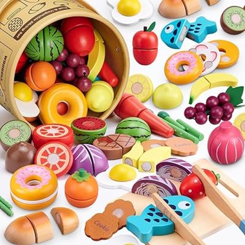 45 Pcs Wooden Pretend Play Food Set for Kids Kitchen - Realistic Cutting Fruits & Veggies with Easy-Cleanup Storage Bucket, Montessori Learning Toy Gift for Toddlers Ages 3-6