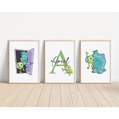 SET OF 3 Personalised Monster Inc Prints, Disney  Mike Sully Boo Bedroom Decor,  Disney Pixar Wall Art, Monster Print Keep Sake