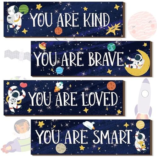 Yookeer 4 Pcs Space Room Decor for Kids Boys Outer Space Wall Art Bedroom Decor for Nursery Classroom Astronaut Galaxy Posters Spaceman Wood Sign Be Brave and Be Kind for Baby Boy(You)