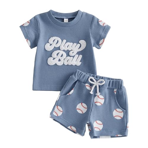 Kupretty Toddler Baby Boy Clothes Summer Baseball Outfits Waffle Knit Play Ball Embroidery Crewneck T-shirt + Shorts Set