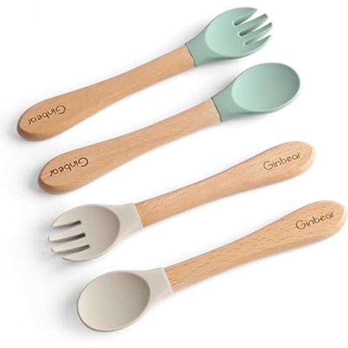 Ginbear Silicone Baby Spoon and Fork Set Self-feeding, Baby Flatware Sets, Toddler Feeding Utensils for Child 6 Months+ (Hazy Green/Almond)