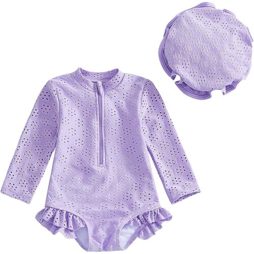 Yccutest Toddler Girl Solid Swimsuit Baby Long Sleeve Rash Guard Bathing Suit Girl One Piece Hollow Out Swimwear with Sun Hat