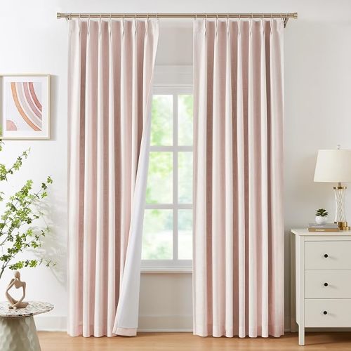 WEST LAKE Bailey Pinch Pleat Full Blackout Curtains 90 Inches Long,Pink Linen Textured 100 Room Darkening Drapes with Back Tabs for Lovely Girls Room Bedroom,Rustic Window Treatment,40" Wx90 Lx2