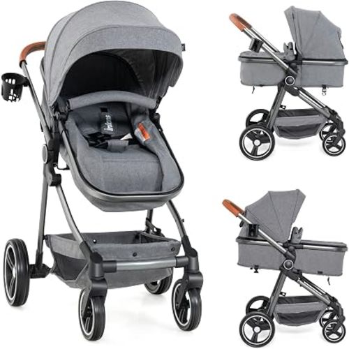 INFANS 2 in 1 Baby Stroller, Newborn Convertible Stroller Bassinet for Infant, Foldable High Landscape Shock Absorption with Reversible Seat, Aluminum Structure for Toddler Pushchair 0-36 Month