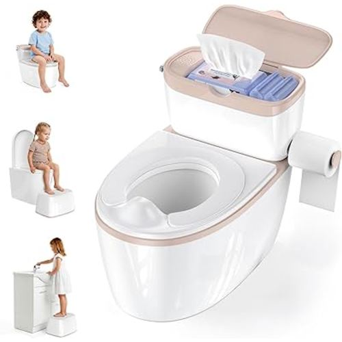 3-in-1 Toddler Potty Training Toilet with Flushing Sound, Wipes Storage & Toilet Paper Holder, Realistic Potty Chair with Detachable Seat and Easy-Clean Design for Boys & Girls Ages 18+ Months (Brown)