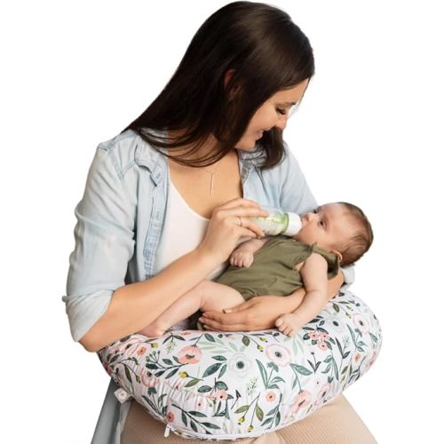 Boppy Nursing Pillow - Ergonomic Bottle & Breastfeeding Pillow with High, Firm, Large Area, Water-Repellent Cushion with Washable Cover; Baby Safety Alliance Verified - Pink Garden Flowers