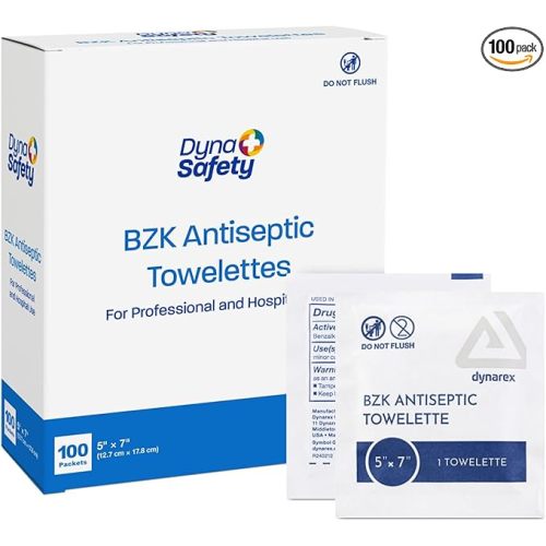 Dynarex DynaSafety BZK Antiseptic Towelettes - Sterile, Alcohol and Fragrance Free, Gentle Cleansing, Safe on Minor Wounds - 5" x 7" - 100 per Box