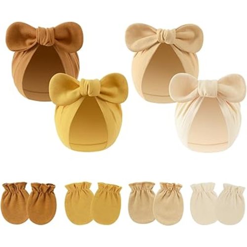 LIDHAY 4PCS Newborn Baby Hospital Hats Beanie Bow Infant Caps Cotton Preemie Hats No Scratch Mittens Set for 0-1 Years Old