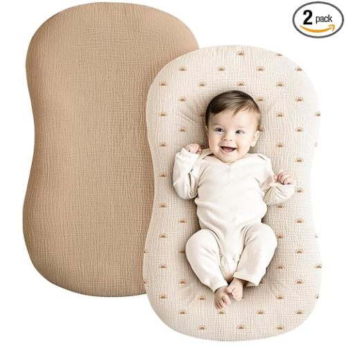Konssy Muslin Baby Lounger Cover 2 Pack, 100% Cotton Newborn Lounger Cover, Soft and Breathable Baby Nest Slipcover for Boys Girls (Camel,Sun)