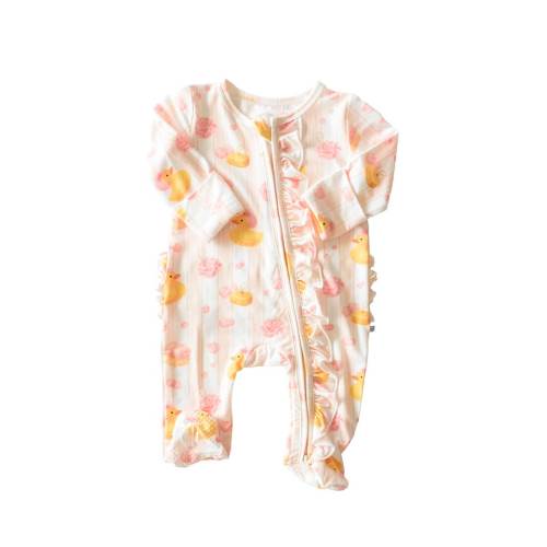 Ruffle Bamboo Zipper Footie | Bubble Duckies Pink - 6-9 months | Cute baby stuff for 3 6 months, Baby clothes preppy, Personalized swaddle blanket