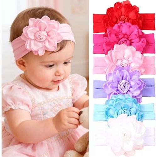 XIMA Baby Satin Flower Headband, 6 Pcs Elastic Floral Hairband for Infant Toddler Girls, Soft Wide Stretchy Hair Wrap for Photoshoot Daily Wear