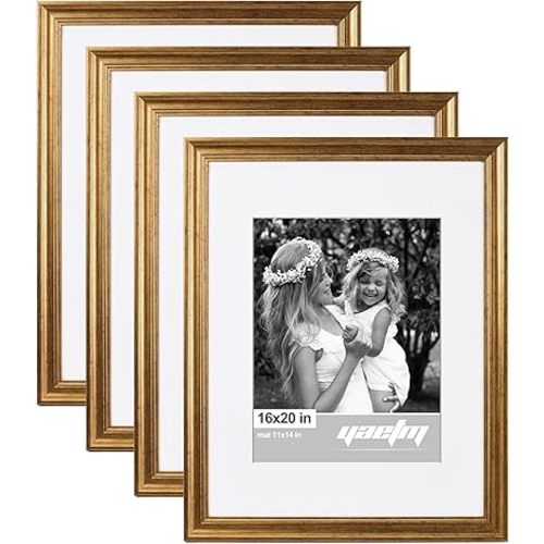 Yaetm 16x20 Gold Picture Frame Matted to 11x14 Set of 4, 1.4" Wide Molding & Rustic Golden 16x20 Frame for Wall Gallery, Home and Office, Wall Mount, 4 Pack