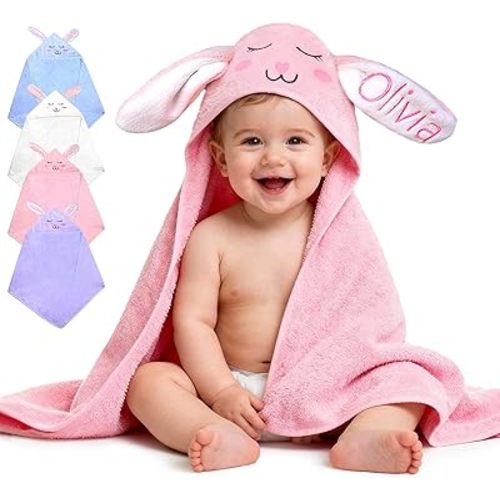 Personalized Baby Towels with Hood, Bunny Bath Towels for Girls Boys, Super Soft Absorbent, Custom Toddler Hooded Towels, Personalized Birthday Easter Gifts for Kids Toddler Newborn (Pink)