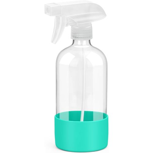 Glass Spray Bottles with Silicone Sleeve Protection, Empty 16OZ Reusable Spray Bottles, Refillable Containers with Spray Nozzles for Cleaning Solutions, Plants and Essential Oils 1 Pack Green