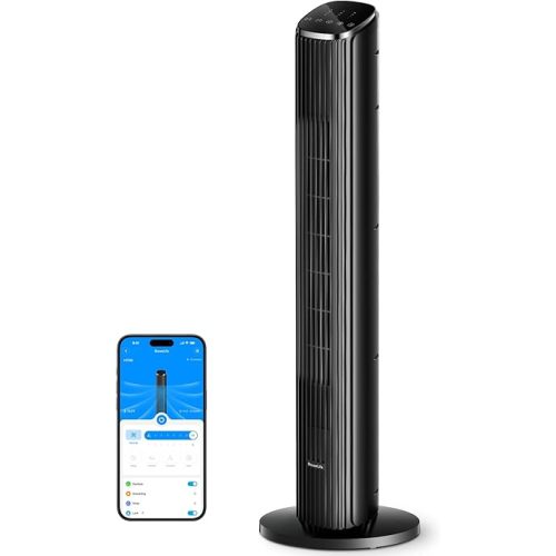 GoveeLife Black Tower Fan for Bedroom, 36" Smart Floor Fan with App/Voice Control, Temperature Sensor, 5 Modes 8 Speeds(25ft/s), 29dB Quiet Oscillating Fan for Office, 24H Timer, Auto Cooling