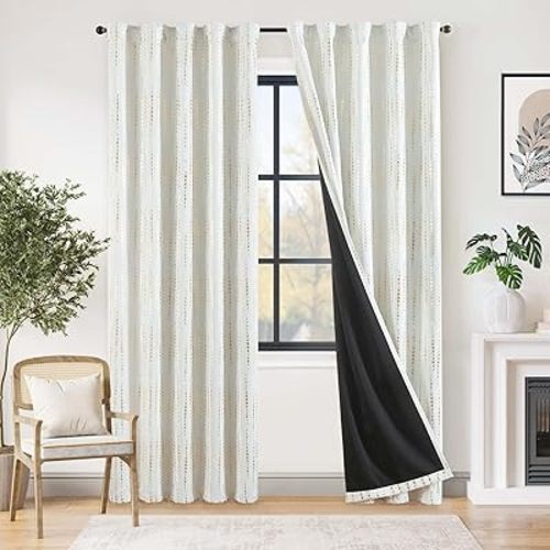 jinchan 95% Blackout Bohemian Moon Phase Print Bedroom Curtains 84 Inch Length 2 Panels White Gold Pole Mouth Rear Label Baby Room Insulated Curtains