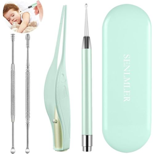 4 Pack Ear Wax Removal Tool Kit with Light, Ear Pick Ear Cleaning Tools Set for Kids and Adults, Ear Picks Digger & Tweezers & Spiral Spring Ear Spoon with Storage Box (Green)