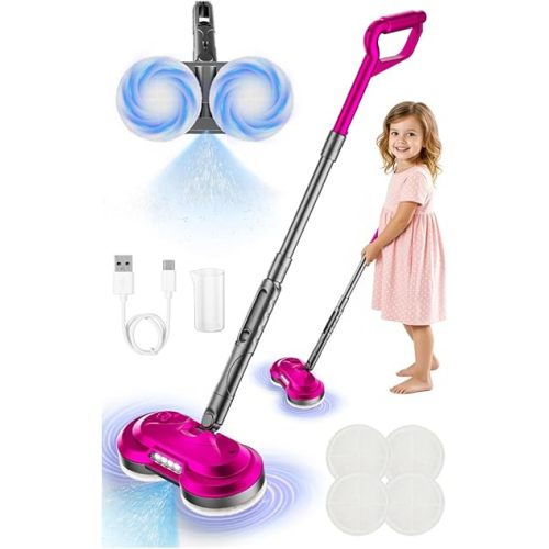 BLAXTEM Kids Electric Spray Spin Mop Toy, Rechargeable Cordless Electric Mop W/ Water Sprayer & LED Headlight for Children Boys & Girls, Cleaning Toy for Pretend Play (Rose Red)