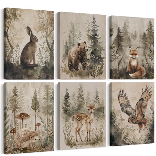 Woodland Animal Wall Art Nursery Canvas Wall Decor Forest Animal Poster Kids Baby Wall Art Watercolor Safari Prints Boys Room Posters Cottagecore Fox Pictures for Bedroom 12x16x6 Inch Ready to Hang