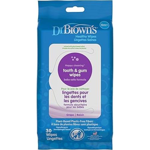 Dr. Brown's Tooth and Gum Healthy Wipes, Fluoride-Free Oral Care for Babies, Grape Flavor, 30 count, 1-Pack (Packaging May Vary)
