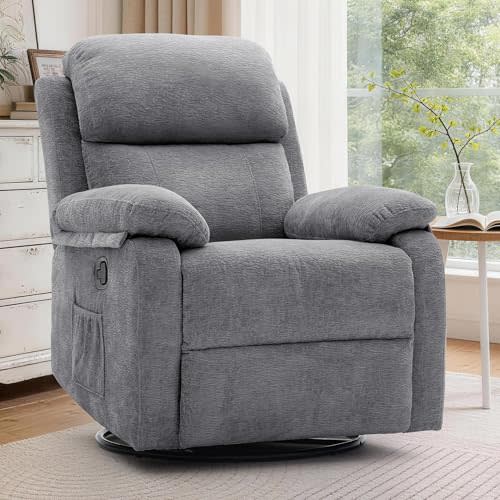 Korser Recliner Chair, 360 Swivel Rocker Chair for Adults, Small Rocking Recliner Chair for Small Spaces, Upholstered Chenille Fabric Glider Recliner Nursery Chair with Side Pockets for Living Room