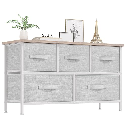 YITAHOME Dresser with 5 Drawers - Fabric Storage Tower, Organizer Unit for Bedroom, Living Room, Closets - Sturdy Steel Frame, Wooden Top