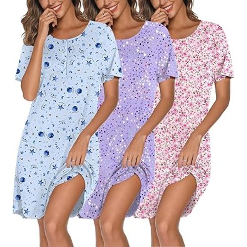 Ekouaer 3 Pack Nightgowns for Women Short Sleeve Sleepshirt Button Down Nightshirt Soft Pajamas Dress Casual Sleepwear