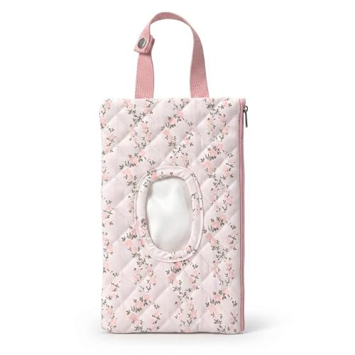 Quilted Diaper Wipe Pouch Hanging Floral Wet Wipes Bag Reusable Fabric Cover with Zipper & Lanyard for Car Daily Casual Travel Mommy Bag(A)