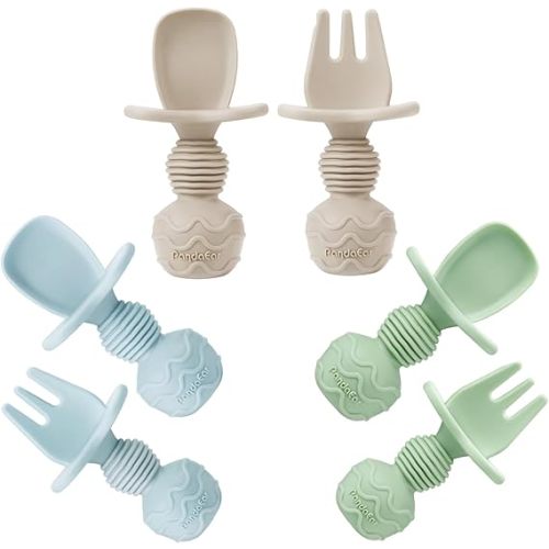 PandaEar 6 Pack Silicone Baby Spoons and Fork Feeding Set- Anti-Choke First Self Feeding Utensils for Baby Led Weaning Ages 3 Months (Blue, Green&Tan)