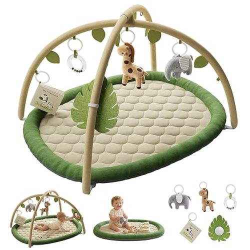Baby Play Gym & Activity Mat, Baby Play Mat with 5 Detachable Toys, Promotes Motor Skills & Sensory Development, Tummy Time Mat for Baby to Toddler, Baby Essentials Shower Gift, Green