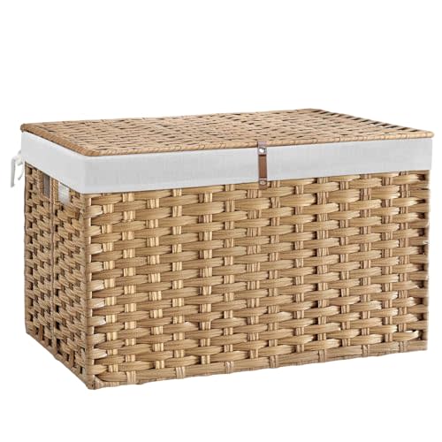180L Wicker Storage Basket with Lid, Handwoven Rattan Large Shelf Basket with Removable Liner, 47.6 Gallon Wicker Basket for Blanket, Storage Trunk with Handle for Closet, Bedroom, Livingroom, Natural