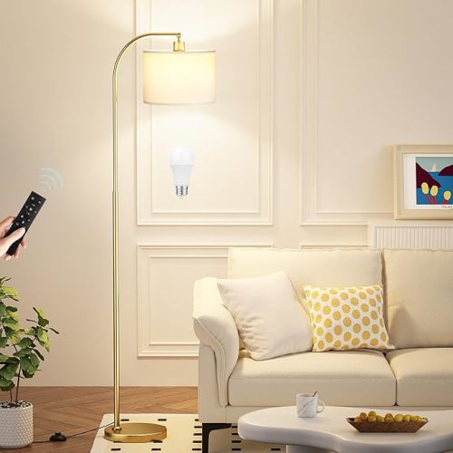 Ambimall Arc Floor Lamp with Remote and Stepless Dimmable Bulb, Colors Temperature & Brightness Adjustable, Floor Lamps for Living Room（White Shade & Gold Pole）