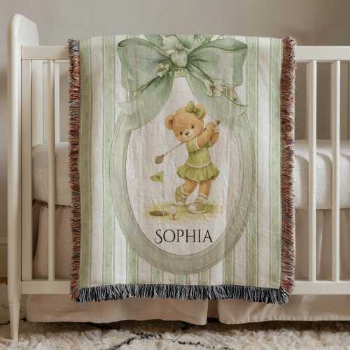 Personalized Golf Baby Blanket For Girls Vintage Sport Bear Woven Throw Custom Name Nursery Blanket Heirloom Baby Shower Gift baby blanket