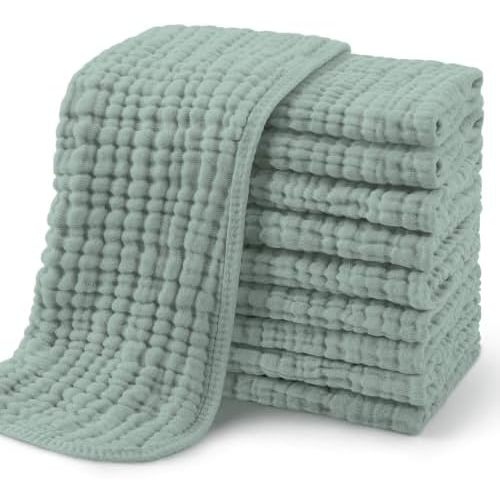 Yoofoss Muslin Burp Cloths for Baby 10 Pack 100% Organic Cotton Baby Washcloths for Boys Girls Large 20''X10'' Super Soft and Absorbent Dark Green