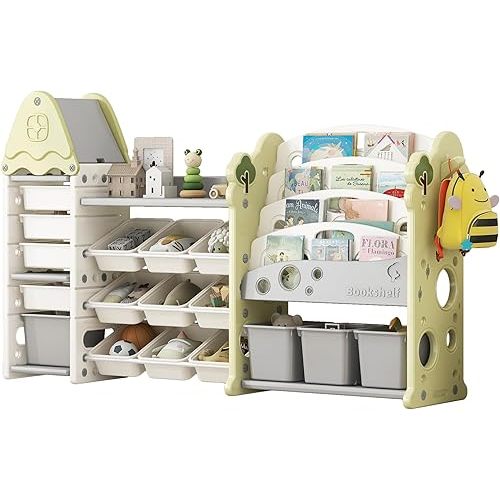 Merax Toy Storage Organizer with Kids Bookshelf, Toy Organizer with 17 Bins and 5-Tier Bookshelf for Kids Bedroom Playroom Living Room (All-in-One, Green)