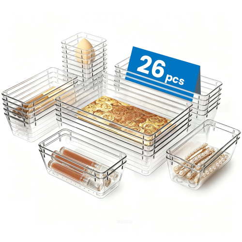 Vtopmart Clear Plastic Drawer Organizers, 26 PCS Stackable Bins, Makeup and Vanity Organizer