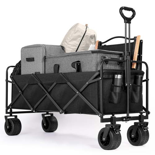 HIJOB 330LBS Heavy Duty Collapsible Wagon Cart with All-Terrain Wheels & Adjustable Handle, Wagon Cart Foldable for Camping, Garden, Picnics, Beach Trips, Outdoor Events and Shopping, Black
